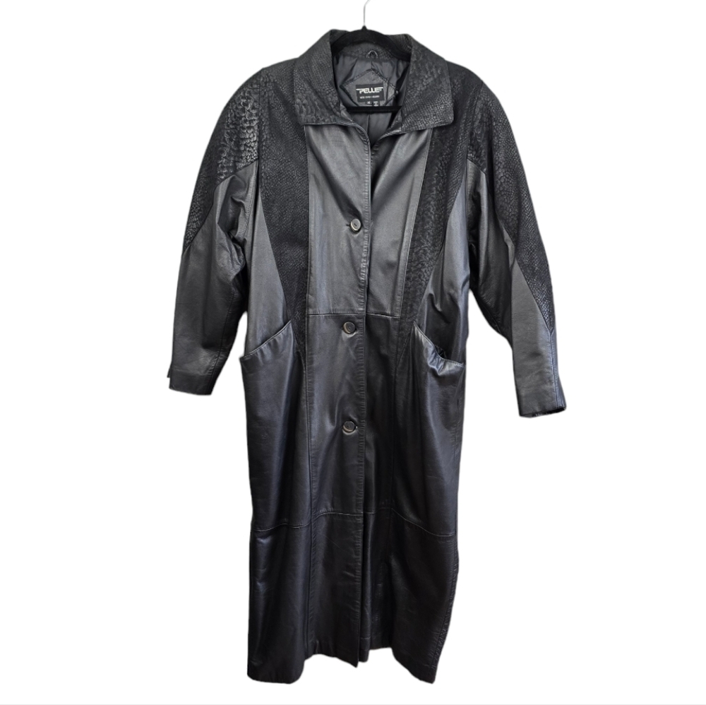 Vintage 80s Pelle Long Leather Jacker Trench Coat Duster Patterned Black Women M